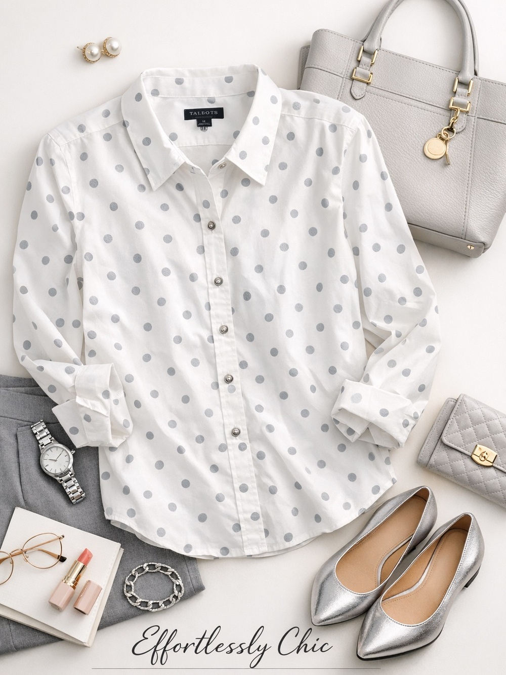 NWT Talbots White Silver Polka Dot Non-Iron Button Down Shirt Sz 18